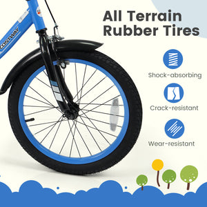 Navy kids bike with removable training wheels, adjustable seat, for ages 3-8, shown at angle 24.
