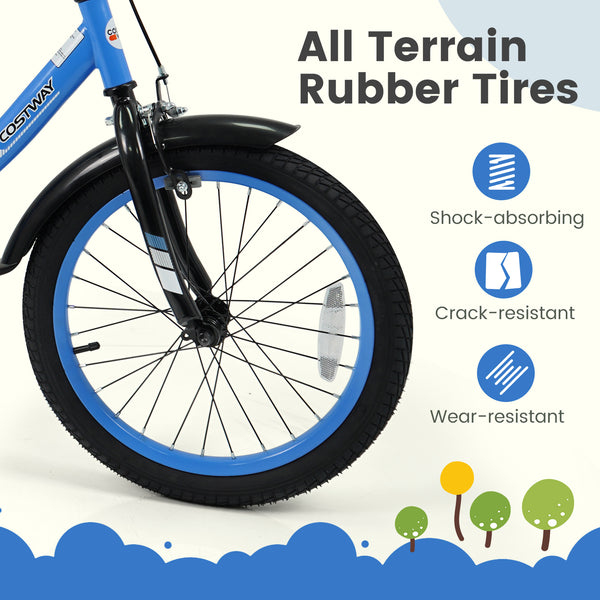 Navy kids bike with removable training wheels, adjustable seat, for ages 3-8, shown at angle 24.