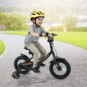 Black kids bike with removable training wheels and adjustable seat for ages 3-8, shown at a 25-degree angle.