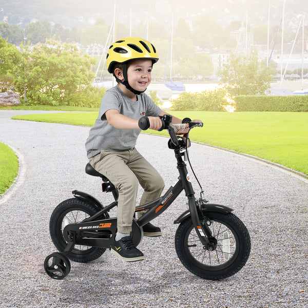 Black kids bike with removable training wheels and adjustable seat for ages 3-8, shown at a 25-degree angle.