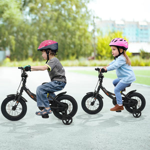 Black kids bike with removable training wheels and adjustable seat for ages 3-8, shown at a 26-degree angle.