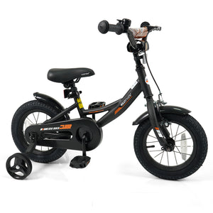 Black kids bike with removable training wheels and adjustable seat for ages 3-8, shown at a 27-degree angle.