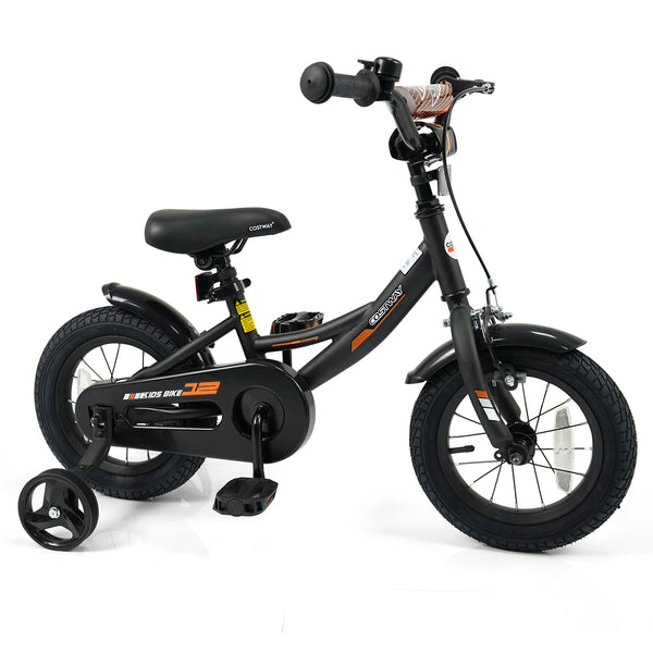 Black kids bike with removable training wheels and adjustable seat for ages 3-8, shown at a 27-degree angle.