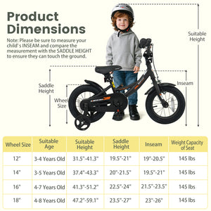 Black kids bike with removable training wheels and adjustable seat for ages 3-8, shown at angle 28.
