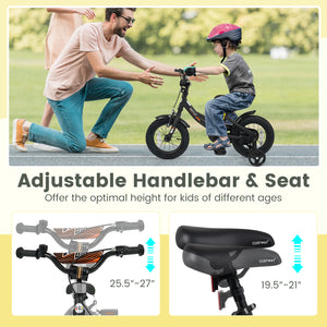 Black kids bike with removable training wheels and adjustable seat for ages 3-8, shown at a 30-degree angle.