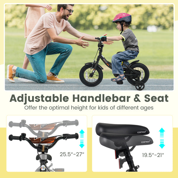 Black kids bike with removable training wheels and adjustable seat for ages 3-8, shown at a 30-degree angle.