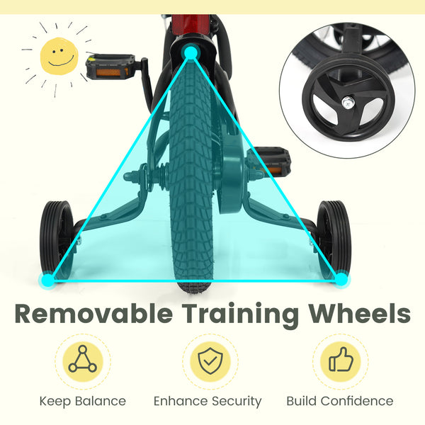 Black kids bike with removable training wheels and adjustable seat, 12-18 inches, for ages 3-8, shown at angle 31.