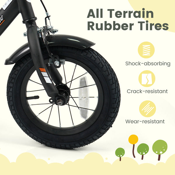 Black kids bike with removable training wheels and adjustable seat for ages 3-8, shown at a 32-degree angle.