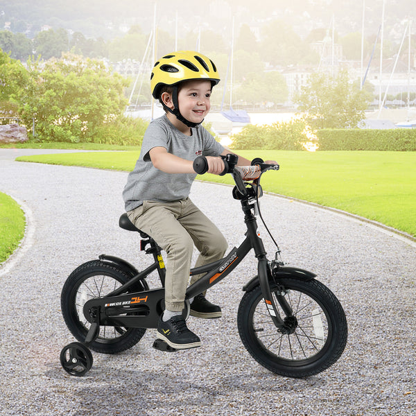 Black kids bike with removable training wheels and adjustable seat for ages 3-8, available in 12/14/16/18 inches.