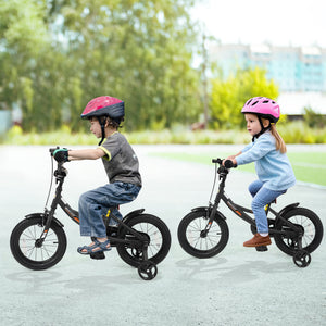 Black kids bike with removable training wheels and adjustable seat for ages 3-8, shown from angle 2.