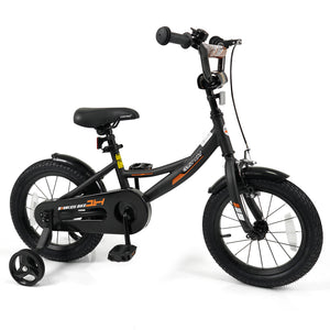 Black kids bike with removable training wheels and adjustable seat for ages 3-8, shown from angle 3.
