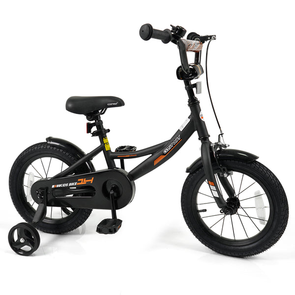 Black kids bike with removable training wheels and adjustable seat for ages 3-8, shown from angle 3.