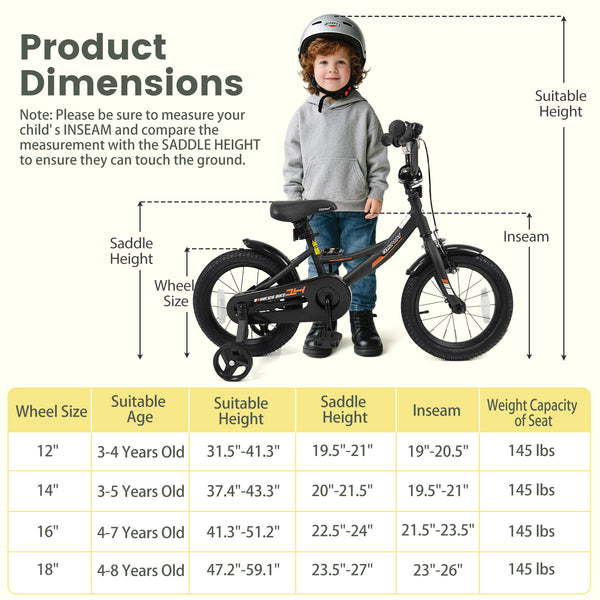 Black kids bike with removable training wheels and adjustable seat, 12-18 inches, for ages 3-8, shown at angle 4.