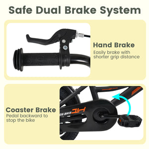 Black kids bike with removable training wheels and adjustable seat for ages 3-8, shown from angle 5.