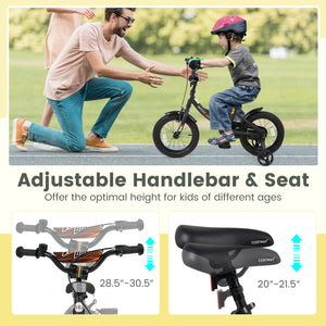 Black kids bike with removable training wheels, adjustable seat, for ages 3-8, 12/14/16/18 inches, angle view.