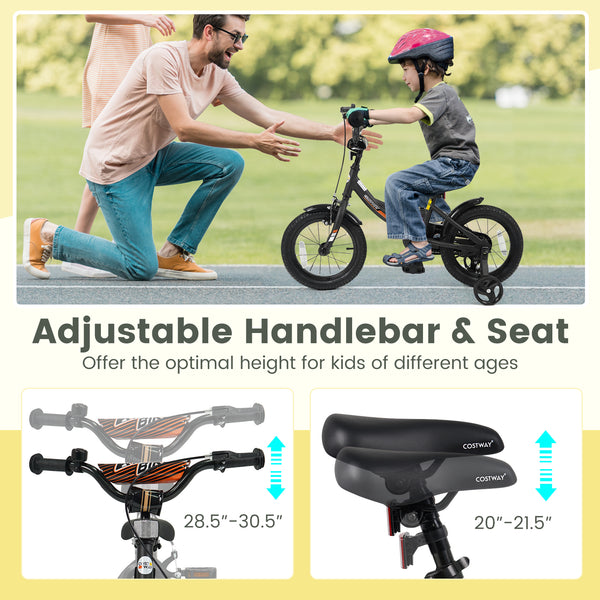 Black kids bike with removable training wheels, adjustable seat, for ages 3-8, 12/14/16/18 inches, angle view.