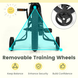 Black kids bike with removable training wheels and adjustable seat for ages 3-8, shown at angle 7.