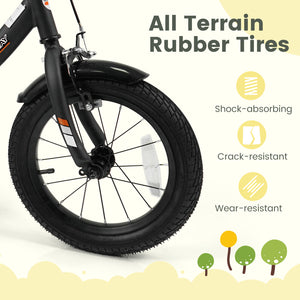 Black kids bike with removable training wheels and adjustable seat, perfect for ages 3-8, shown at angle 8.