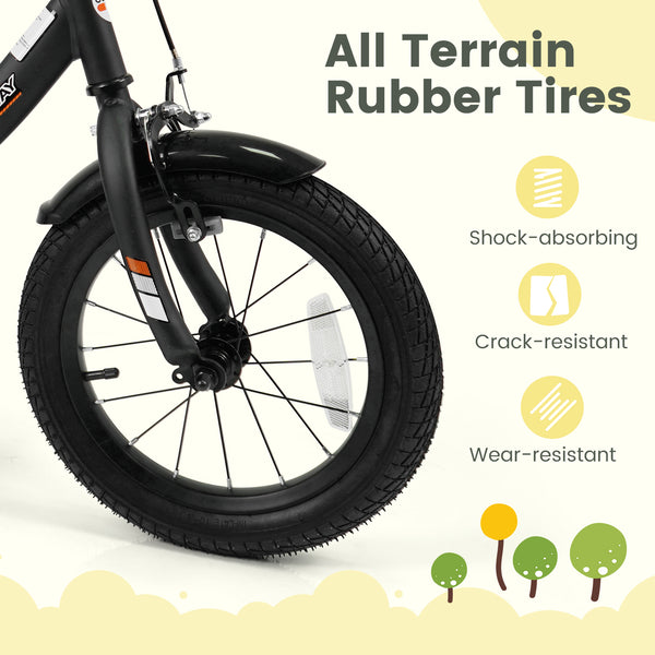 Black kids bike with removable training wheels and adjustable seat, perfect for ages 3-8, shown at angle 8.
