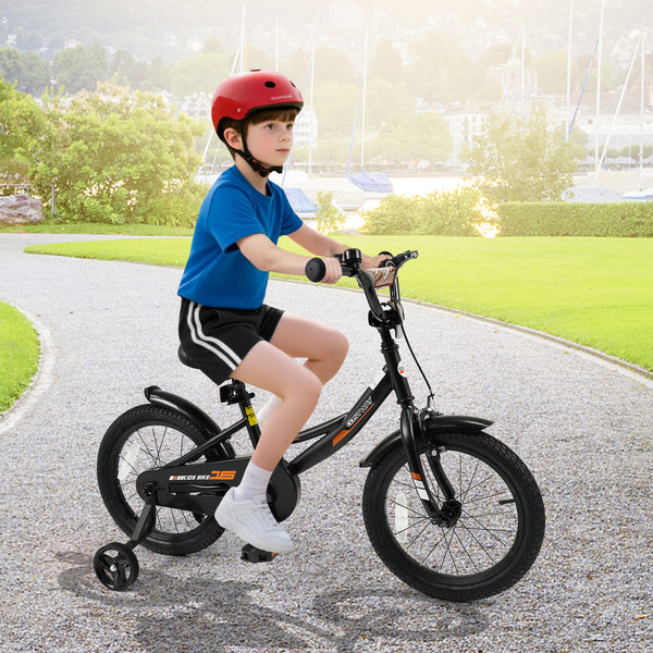 Black kids bike with removable training wheels and adjustable seat, perfect for ages 3-8, shown at angle 9.