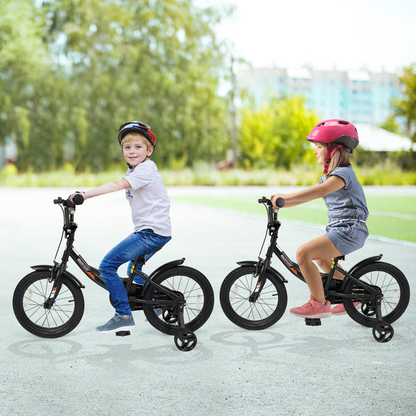 Black kids bike with removable training wheels and adjustable seat for ages 3-8, shown at angle 10.