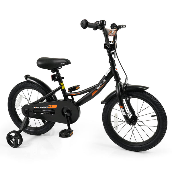 Black kids bike with removable training wheels, adjustable seat, 12-18 inches, for ages 3-8, shown at angle 11.