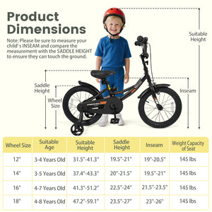 Black kids bike with removable training wheels and adjustable seat for ages 3-8, shown at angle 12.
