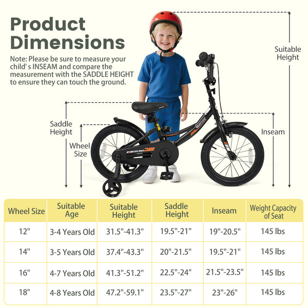 Black kids bike with removable training wheels and adjustable seat for ages 3-8, shown at angle 12.