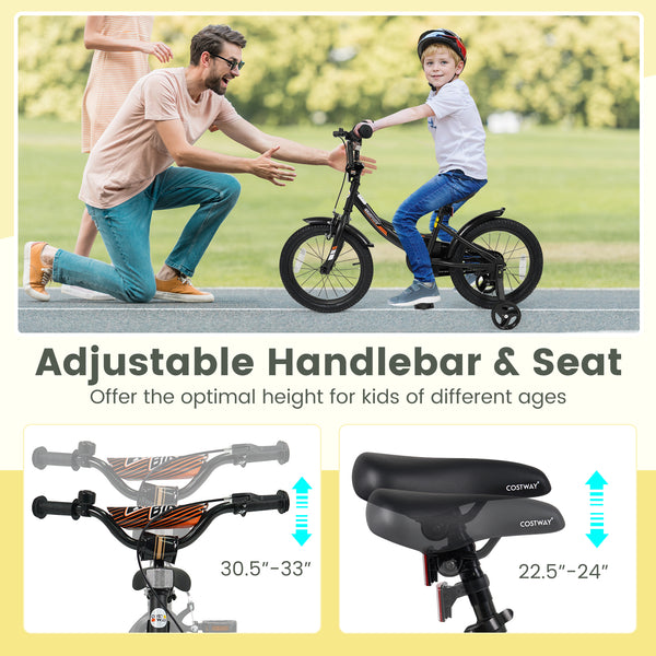 Black kids bike with removable training wheels and adjustable seat for ages 3-8, 12/14/16/18 inches, angle view.