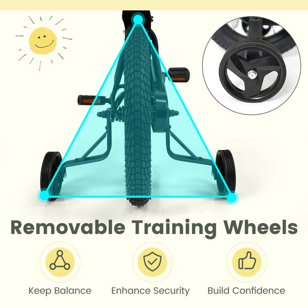 Black kids bike with removable training wheels and adjustable seat for ages 3-8, shown at a 15-degree angle.