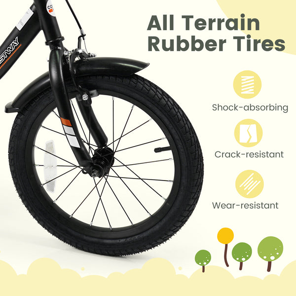 Black kids bike with removable training wheels and adjustable seat, perfect for ages 3-8, shown at angle 16.