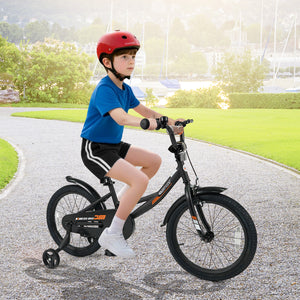 Black kids bike with removable training wheels and adjustable seat, perfect for ages 3-8, shown at angle 17.