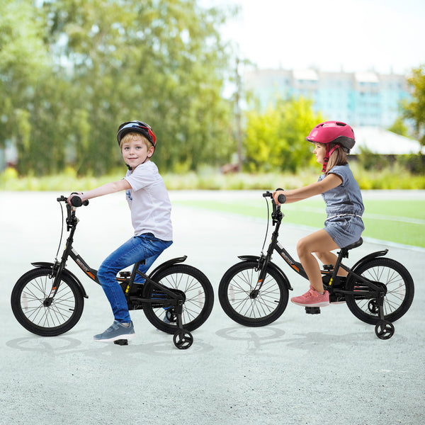 Black kids bike with removable training wheels and adjustable seat for ages 3-8, shown at angle 18.