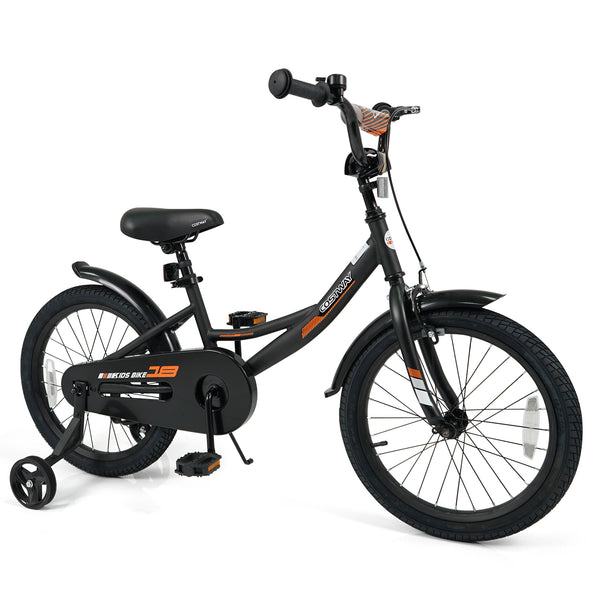 Black kids bike with removable training wheels and adjustable seat, perfect for ages 3-8, shown at angle 19.