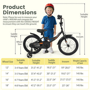 Black kids bike with removable training wheels and adjustable seat for ages 3-8, shown at a 20-degree angle.