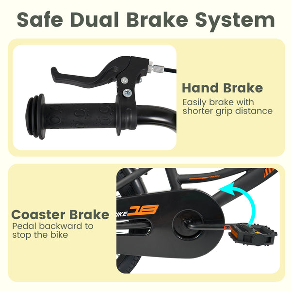 Black kids bike with removable training wheels and adjustable seat, 12-18 inches, for ages 3-8, shown at angle 21.