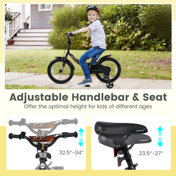 Black kids bike with removable training wheels, adjustable seat, for ages 3-8, shown at angle 22.