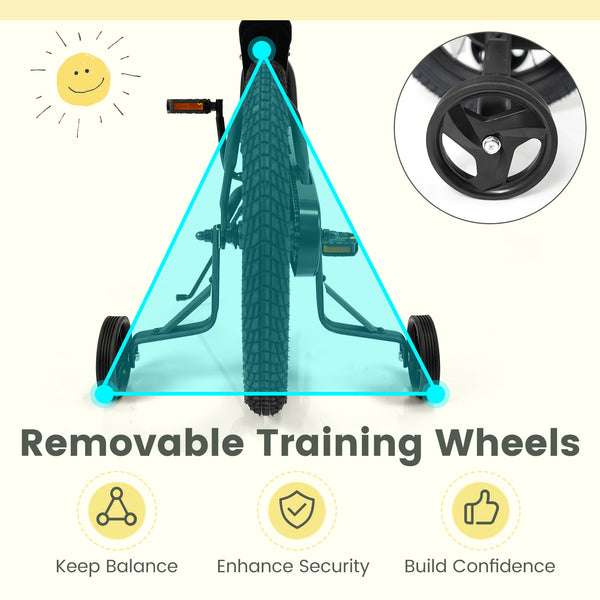 Black kids bike with removable training wheels and adjustable seat, perfect for ages 3-8, shown at angle 23.