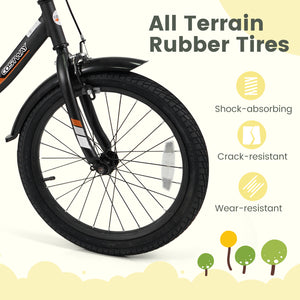 Black kids bike with removable training wheels and adjustable seat for ages 3-8, shown at angle 24.