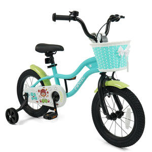 Green kids bike with training wheels and basket, 12/14/16 inch sizes, perfect for outdoor fun and learning to ride.