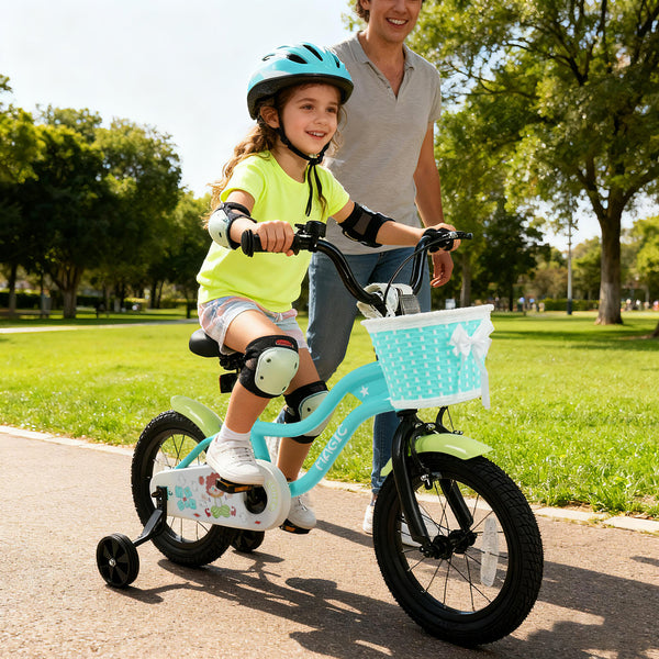 Green kids bike with training wheels and basket, available in 12/14/16 inches, perfect for outdoor play.