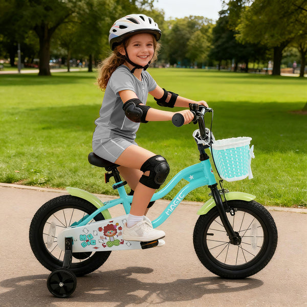 Green kids bike with training wheels and basket, available in 12/14/16 inches, perfect for outdoor fun and learning.