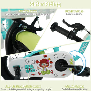 Green kids bike with training wheels and basket, available in 12/14/16 inches, perfect for toddlers.