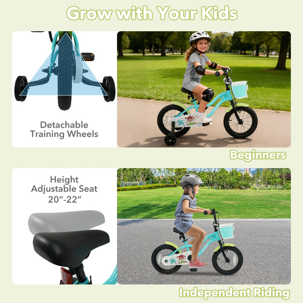 Green kids bike with training wheels and basket, available in 12/14/16 inches, perfect for outdoor fun and learning.