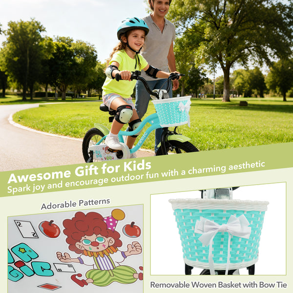 Green kids bike with training wheels and basket, available in 12/14/16 inches, perfect for outdoor fun.
