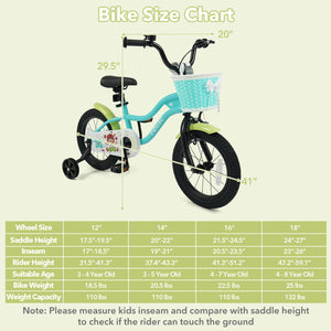 Green kids bike with training wheels and basket, available in 12/14/16 inches, perfect for young riders.