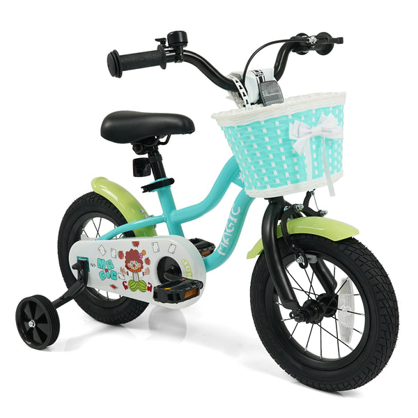 Green kids bike with training wheels and basket, available in 12/14/16 inches, perfect for outdoor fun.