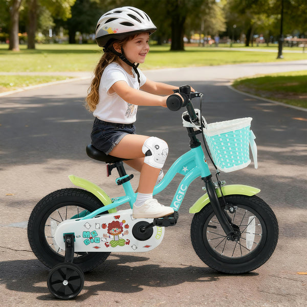 Green kids bike with training wheels and basket, available in 12/14/16 inches, perfect for young riders.