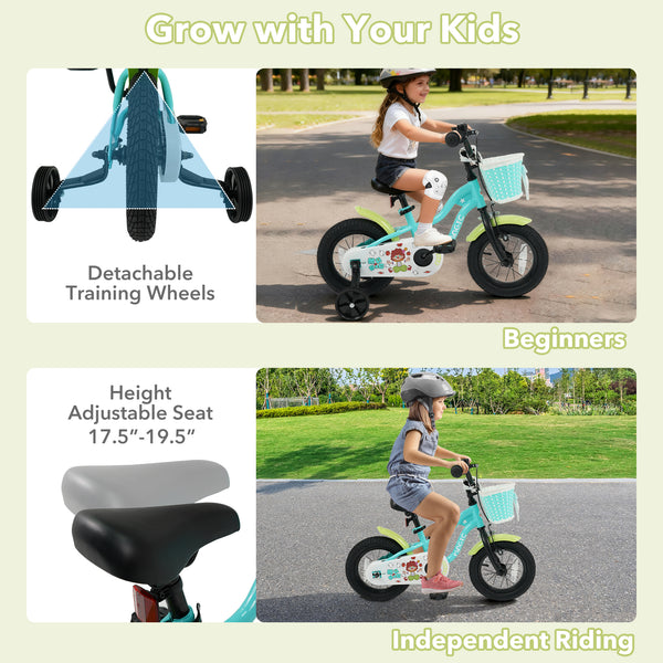 Green kids bike with training wheels and basket, available in 12/14/16 inches, perfect for outdoor fun and learning.