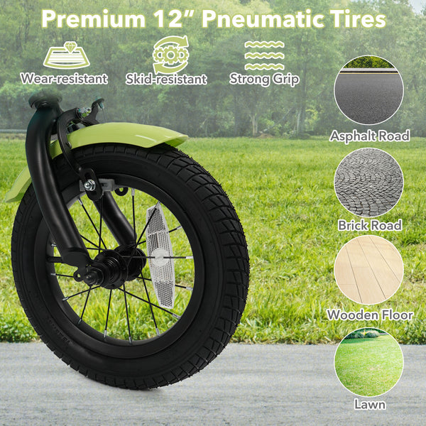 Green kids bike with training wheels and basket, available in 12/14/16 inches, perfect for outdoor fun.